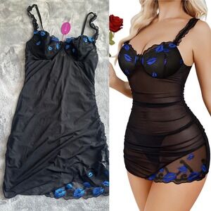 Avidlove Lingerie Black Mesh Ruched Chemise Blue Embroidered Lips XL NWT